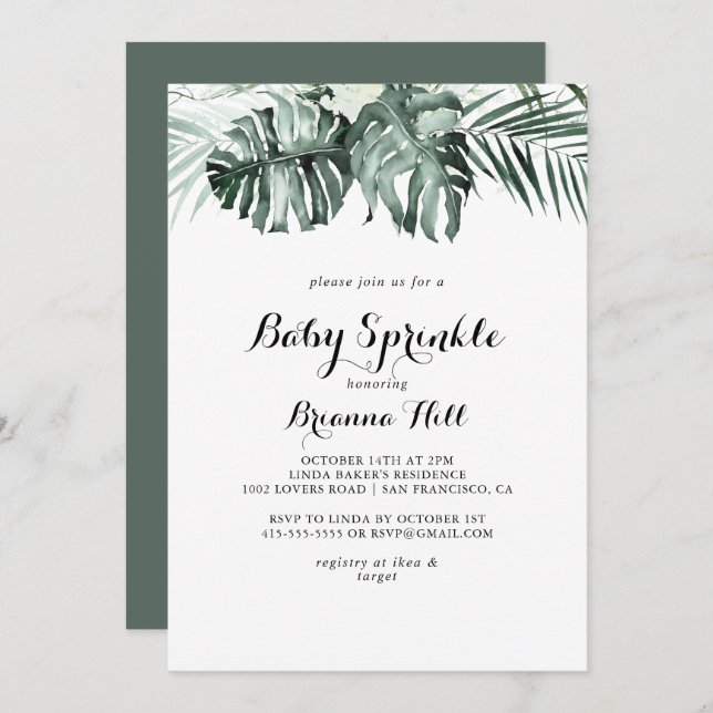 Invitation Verdure tropicale Blanc Floral Bébé Parsemé (Devant / Derrière)