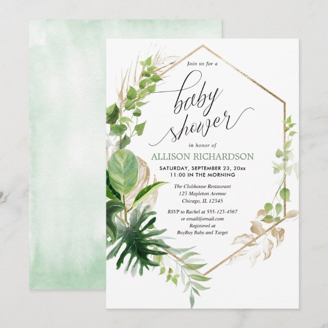 Invitation Verdure tropicale et baby shower doré et élégant (Devant / Derrière)