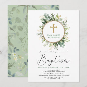 Invitation Verdure végétale minimale en or vert Baptême