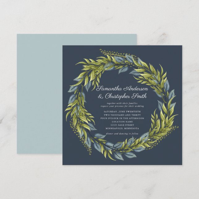 Invitation Verdure Wreath Aquarelle bleu foncé Turquoise Mari (Devant / Derrière)