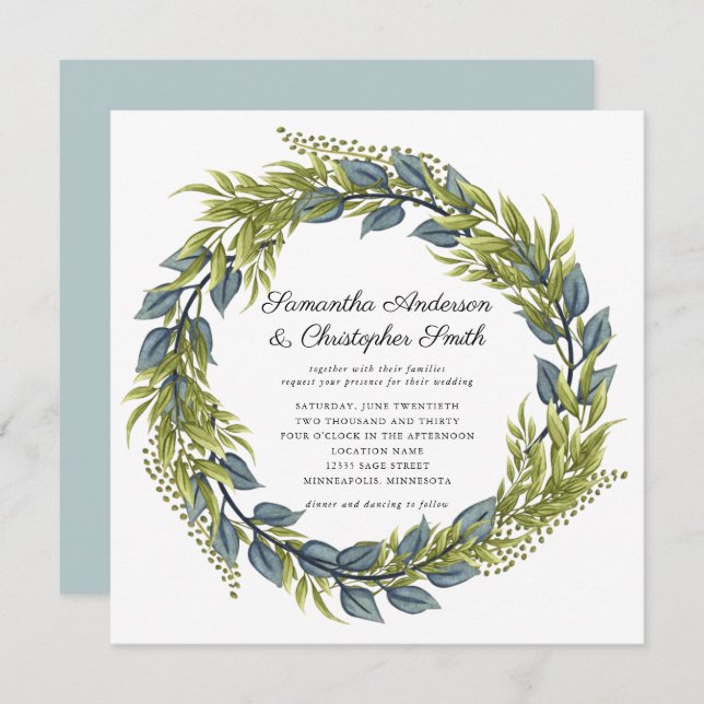 Invitation Verdure Wreath Aquarelle Vert et Mariage Turquoise (Devant / Derrière)