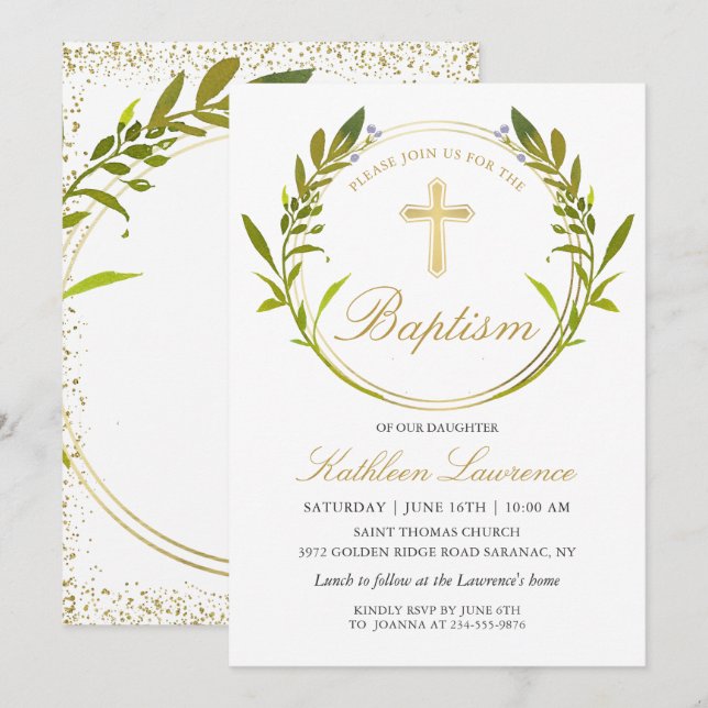 Invitation Verdure Wreath Gold Cross Girl Baptism (Devant / Derrière)