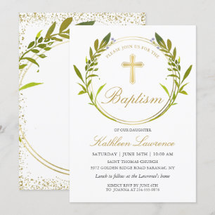 Invitation Verdure Wreath Gold Cross Girl Baptism
