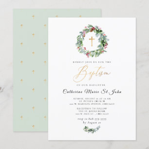 Invitation Verdure Wreath Winter Faux Gold Baptême