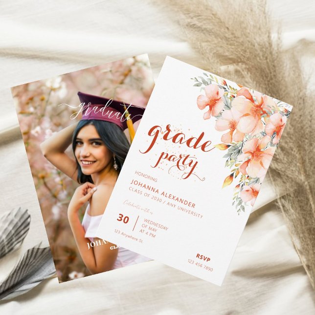 Invitation Vermilion Watercolor Floral Graduation Party (Créateur téléchargé)