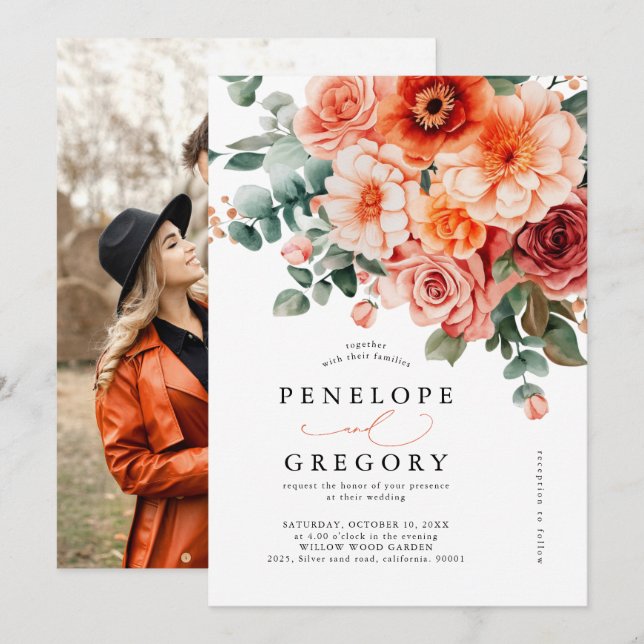 Invitation Verona Sunset Bright Orange  Floral Photo Mariage (Devant / Derrière)