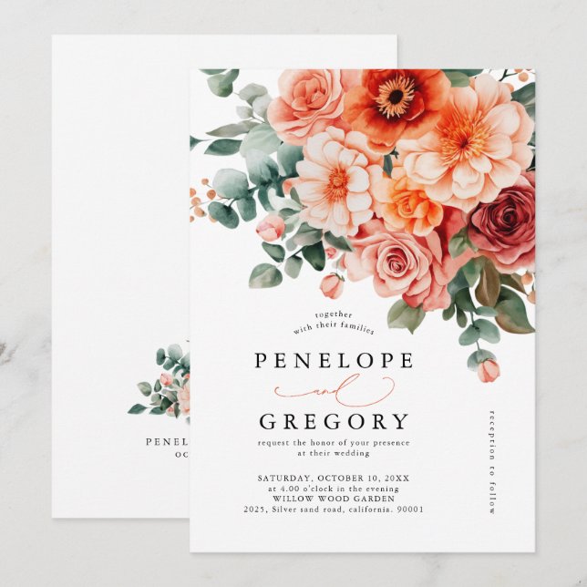 Invitation Verona Sunset Bright Orange Moderne Mariage Floral (Devant / Derrière)