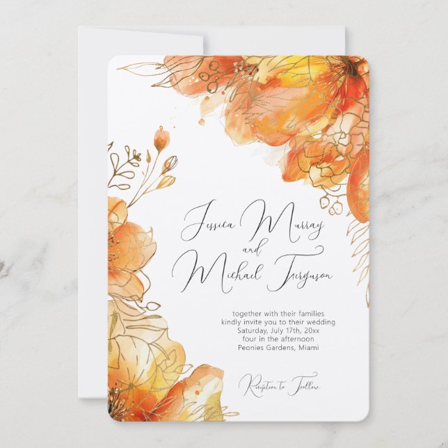 Invitation Verona Sunset Gold Floral Mariage élégant (Devant)