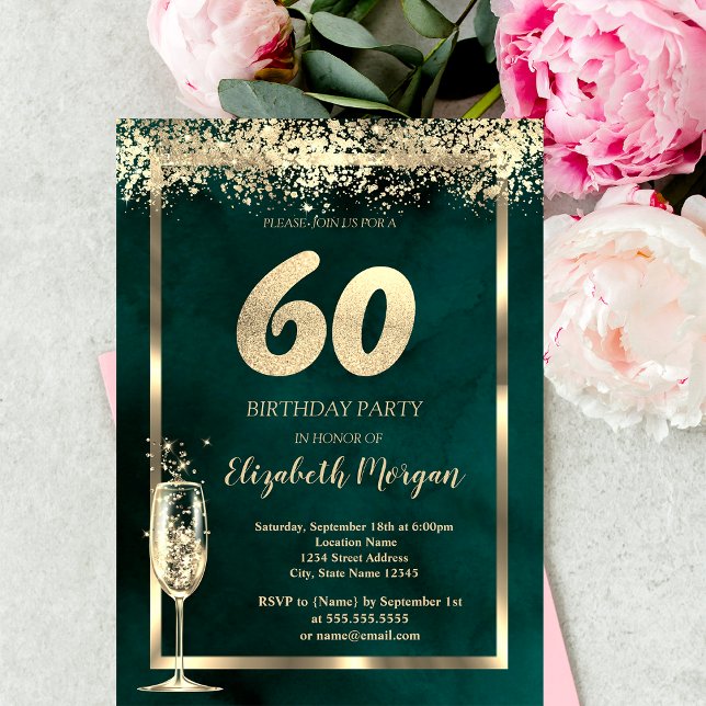 Invitation Verre à Champagne Confettis Dorés Vert 60e Anniver (Créateur téléchargé)