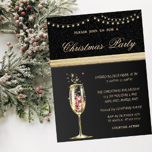 Invitation Verre à Champagne Élégant Noir, Fête de Noël