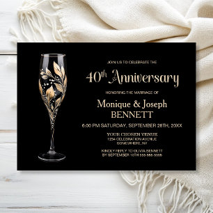 Invitation Verre à Champagne Feuille d'Or 40e Anniversaire de
