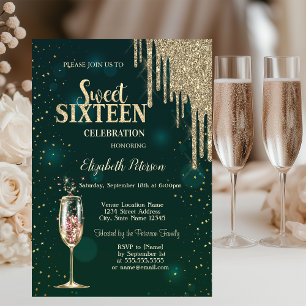 Invitation Verre à Champagne,Gouttes de Paillettes Dorées,Éto