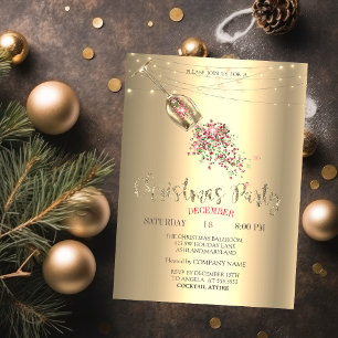 Invitation Verre à Champagne, Lumières Or Entreprise de Noël