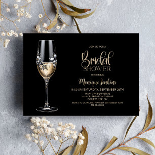 Invitation Verre à Champagne Noir Blanc Floral Shower de Mari