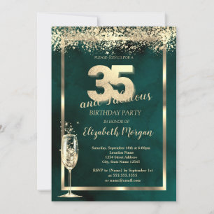 Invitation Verre à Champagne Or Confettis Vert 35e Anniversai
