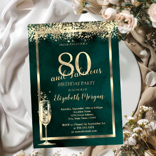 Invitation Verre à Champagne Or Confettis Vert 80ème Annivers
