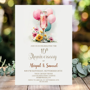 Invitation Verre à champagne rose pour 10e anniversaire de ma