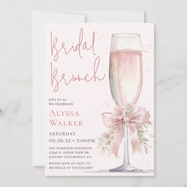 Invitation Verre à champagne rose pour brunch de mariage (Devant)