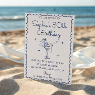 Invitation Verre à Martini de Cocktail Bleu Élégant 30e Anniv