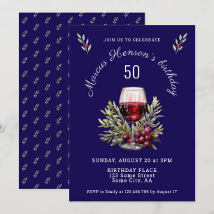 Invitation Verre à vin bleu Olive Aquarelle 50e Anniversaire 