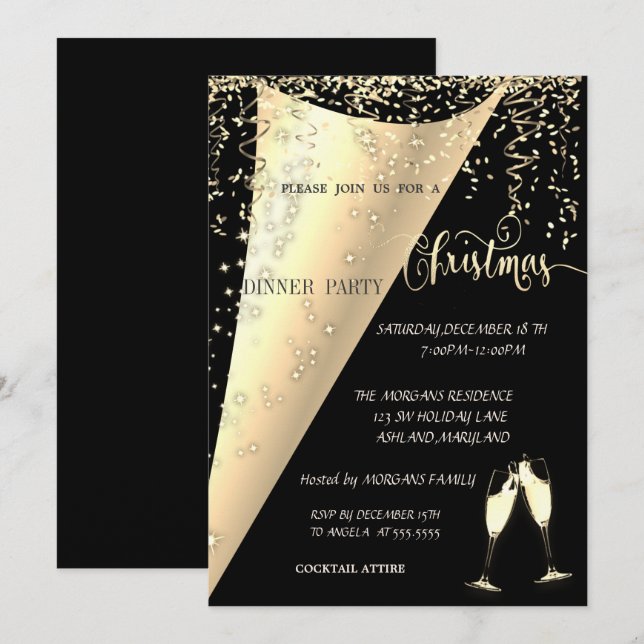 Invitation Verre à vin, Confetti, Noir, Soirée de Noël d'or (Devant / Derrière)