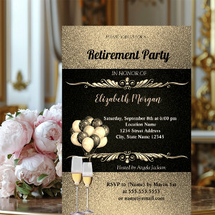 Invitation Verre à vin en or élégant, ballons, fête de retrai