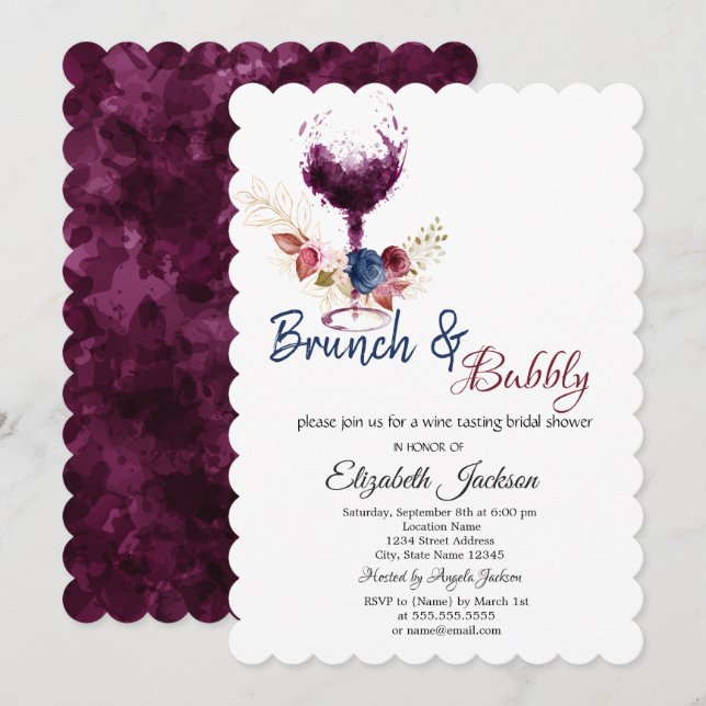 Invitation Verre à vin, Fleurs Brunch & Fête des mariées à bu (Devant / Derrière)