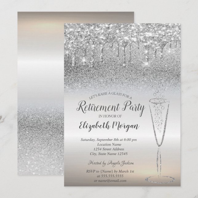 Invitation Verre à vin gouttes Parties scintillant argent Bok (Devant / Derrière)