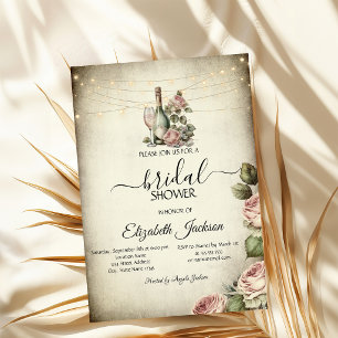 Invitation Verre à vin, Lumières Roses Rustique Baby Shower