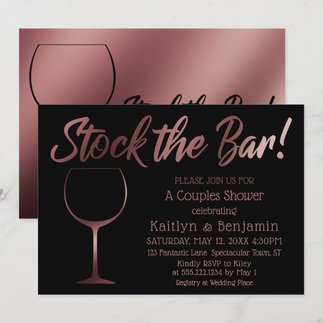 Invitation Verre à vin or rose Stock le Bar Couples Douche (Devant / Derrière)