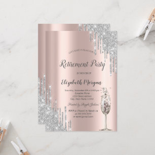 Invitation Verre à vin paillettes gouttes rose or retraite 