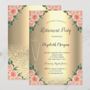 Invitation Verre à vin Paillettes Or Bokeh Roses Retraite