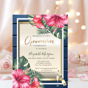 Invitation Verre à vin, Quinceanera en bois bleu Hibiscus