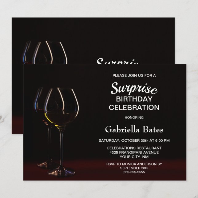 Invitation Verre à vin Surprise fête d'anniversaire (Devant / Derrière)