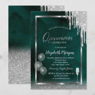 Invitation Verre,Ballons,Gouttes de paillettes,Quinceañera ve
