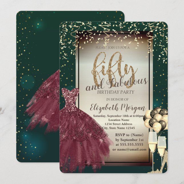 Invitation Verre, Ballons, Robe rouge, 50e anniversaire vert (Devant / Derrière)