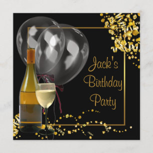 Invitation Verre de bouteille de vin or noir Anniversaire d'h