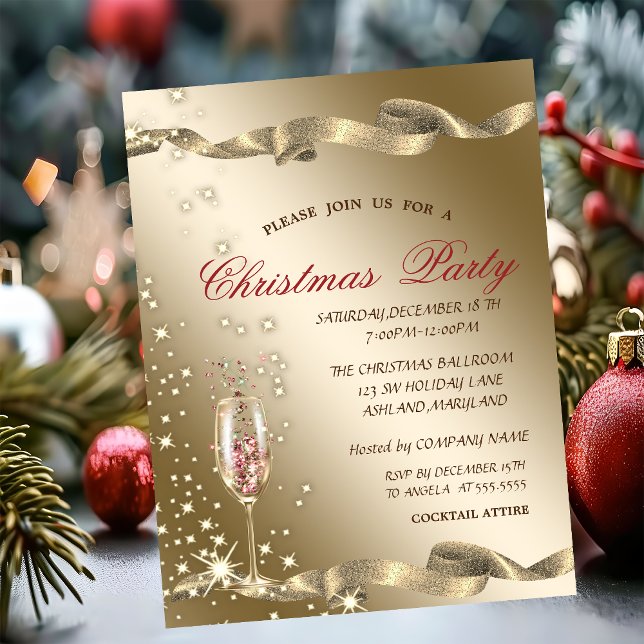 Invitation Verre de champagne d'or Fête de Noël d'entreprise (Créateur téléchargé)
