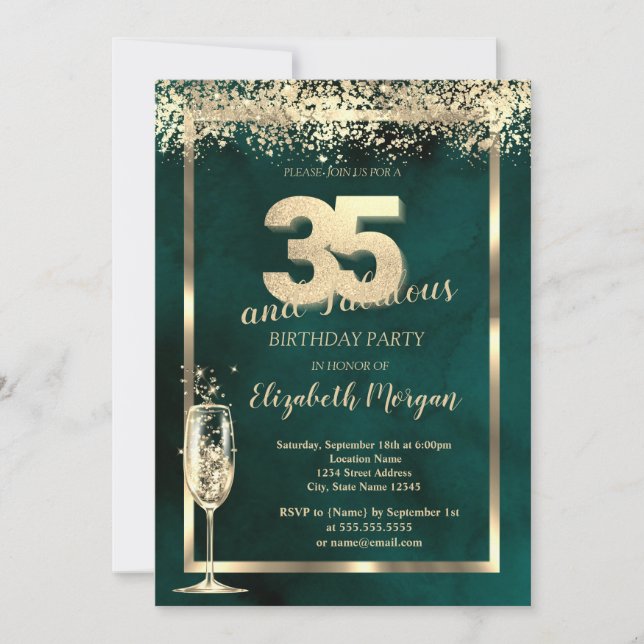 Invitation Verre de Champagne Gold Confetti Vert 35e annivers (Devant)