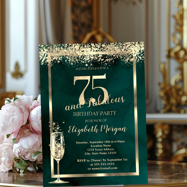 Invitation Verre de Champagne Gold Confetti Vert 75e annivers (Créateur téléchargé)