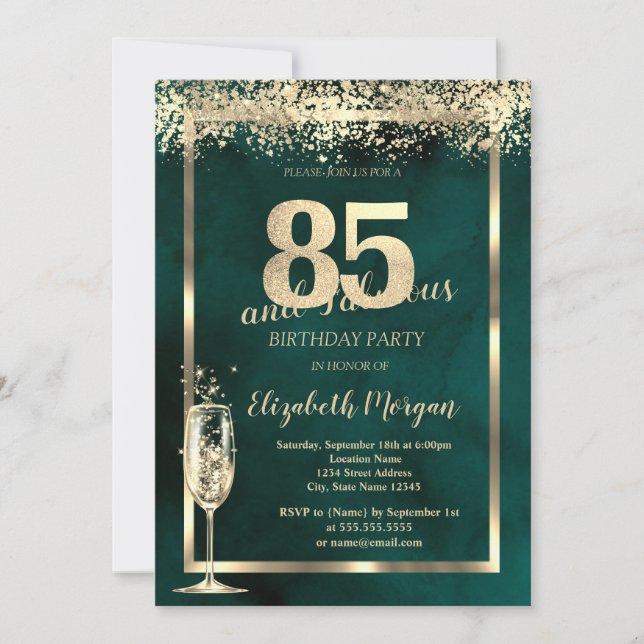 Invitation Verre de Champagne Gold Confetti Vert 85e annivers (Devant)