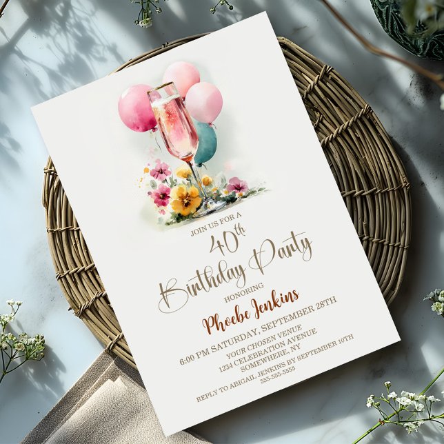 Invitation Verre de Champagne rose 40e anniversaire (Créateur téléchargé)