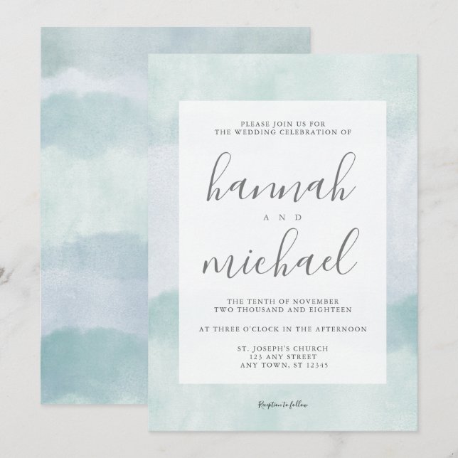 Invitation Verre de mer bleu Vert aquarelle Mariage moderne (Devant / Derrière)