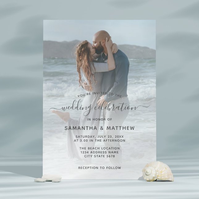 Invitation Verre de mer Dusty Blue Couple Photo Plage Mariage (Beach wedding invitation
)