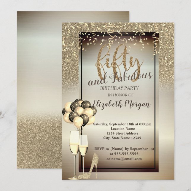 Invitation Verre de Parties scintillant d'or, Ballons fête 50 (Devant / Derrière)