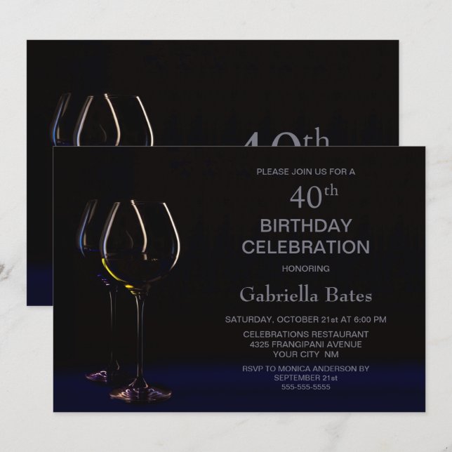 Invitation Verre de vin bleu 40e fête d'anniversaire (Devant / Derrière)