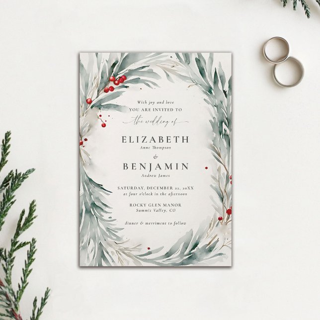 Invitation Verre d'hiver Aquarelle de Noël Mariage élégant (winter wedding invitation christmas berries elegant rustic modern botanical frame watercolor chic)