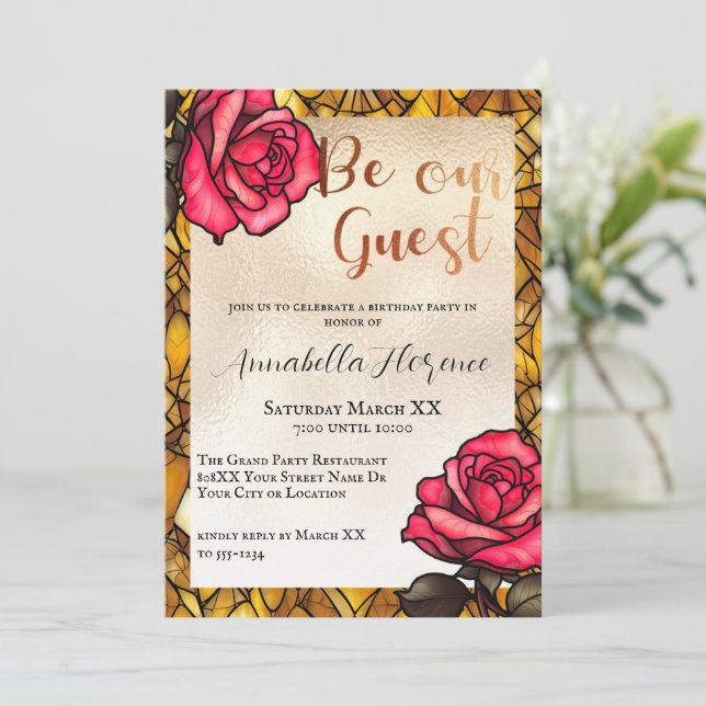 Invitation Verre doré Rose Beauté et la bête (Debout devant)
