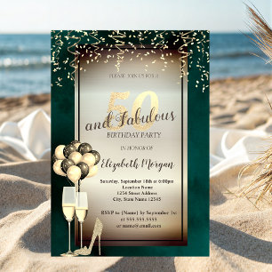 Invitation Verre Pailleté Or,Ballons Verts 50e Anniversaire 