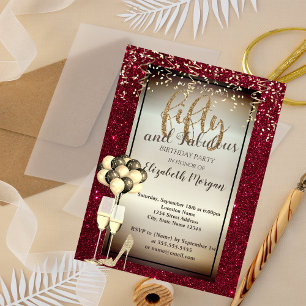 Invitation Verre Parties scintillant or, Ballons Rouge 50e an